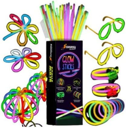Ammy Glow25 Premium Glow Sticks for Children Party Pack 8 inch with Connectors to make Neon Bracelets,Necklaces,Eye Glasses and Balls for Party Supplies-Multi Coloured