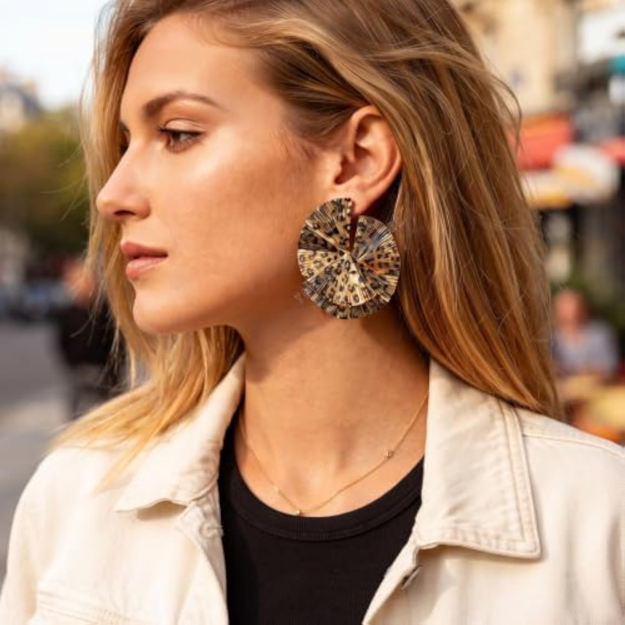 Women's Statement Leopard Print Pleated Fan Earrings