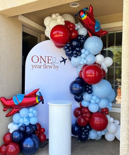 Image of Airplane Birthday Party Decorations 142pcs Airplane Balloon Garland Arch Kit Dusty Blue and Red White with 2Pcs Airplane Mylar Balloon for Time Flies Theme Birthday Baby Shower Party Supplies
