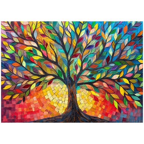 Stained Glass Tree of Life Puzzles for Adults 1000 Pieces, Impossible Challenging Hard Jigsaw Puzzles, Colorful Mosaic Tree of Life Puzzle as Plant Decor