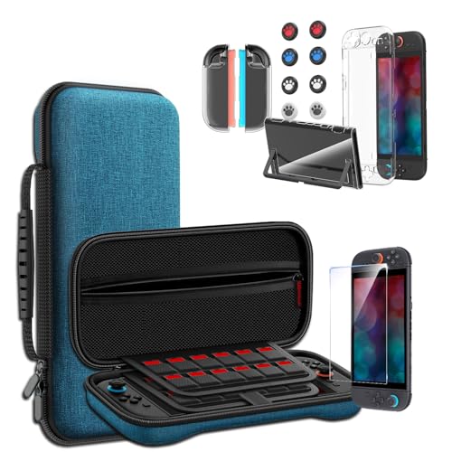 Switch 2 専用 ケース Sungale 収納ケース+ガラス保護フィルム+スティックキャップ8枚+分体式設計 PCカバー+ TPUグリップカバー 24ゲームカードスロット 大容量 収納バッグ 耐衝撃 防塵 全面保護 防水(ブルー)