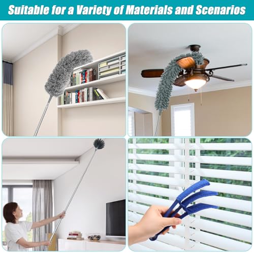 Image of Cobweb Duster with Extension Pole, Spider Web Brush with 96 Inches Extension Pole and 4 Pcs Dusting Tools 1 Fiber Duster, 1 Chenille, 1 Spider Web and 1 Blinds Brush