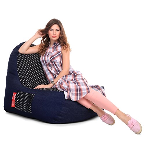 Image of Style Homez Urban Design Denim Canvas Polka Dots Printed Chair Bean Bag XXL Size Filled with Beans Fillers