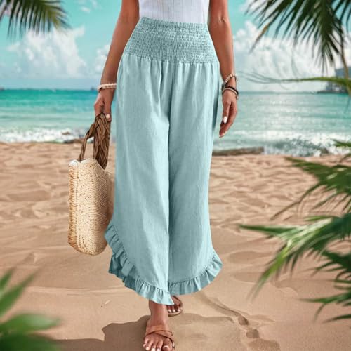 Summer Pants for Women Wide Leg Pants Woman Casual Smocked High Waist Flowy Ruffle Hem Capris Beach Vacation Boho Trousers Light Blue2
