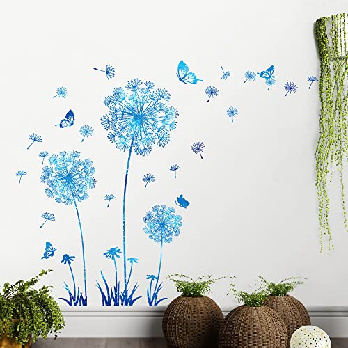 Buiory Removable 3D Dandelion Wall Decals Flowers And Flying Butterfly Wall Stickers Murals Self-Adhesive Peel And Stick Falling Dandelions Decor For Girls Bedroom Living Room Nursery Baby Children's Playroom Wall Background Decoration (Sky Blue) #TOP6