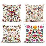 Sanwarm Throw Pillow Covers Home Decor Set of 4 Pillow Cases Decorative 18 x 18 Inches Cushion Couch Sofa Pillowcases Mexican Colorful Ethnic Birds Flowers