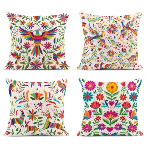 Sanwarm Linen Throw Pillow Covers Set of 4, 18 x 18 Inch, Mexican Ethnic