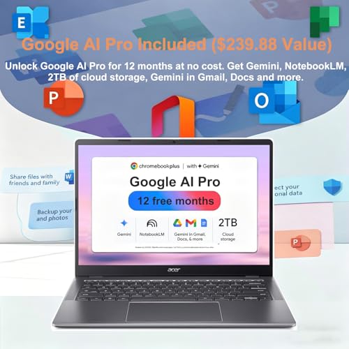 Image of Acer Chromebook Plus 514 Laptop (14 inch FHD+ Touchscreen, Intel 8-Core i3-N355, 8GB RAM, 640GB Storage) for Education, K12, Students & Business, 1080p Webcam, Backlit KB, Lightweight, Wi-Fi 6E, Chrome OS