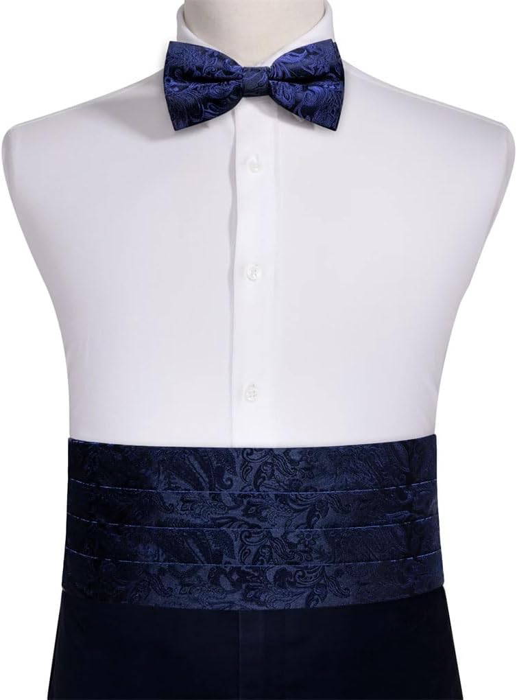 Men Formal Blue Paisley Cummerbund Classic Silk Jacquard Pocket Square Cufflinks Sets Business Wedding Party