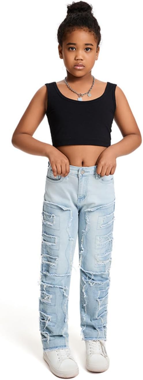 Ripped Jeans for Boys Girls Y2K Patch Distressed Destroyed Denim Trousers Streetwear Stacked Pants 7-14Y