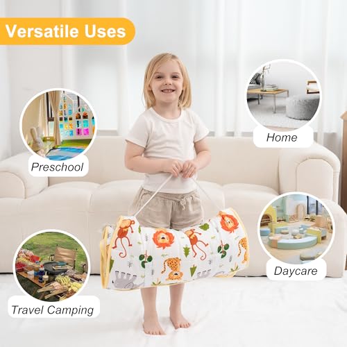 Image of Viviland Toddler Nap Mat with Pillow and Minky Dot Blanket, Rolled Sleeping Mat /Slumber Bag for Girls Boys, Kids Nap Mat for Preschool, Daycare, Kindergarten, Travel Camping - Zoo Animal