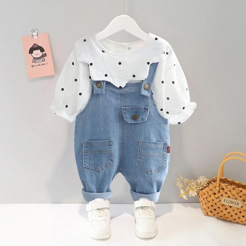Image of Bold N Elegant Girls Polka Dot Top with Denim Dungaree Clothing Set