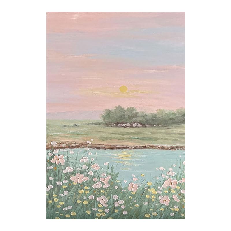 Peinture à l'huile sur toile peinte à la main paysage de lever de soleil rose unique