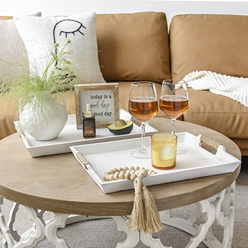Large Wood Serving Tray With Handles, Set Of 2 Decorative Tray Farmhouse Table Decor, Rustic Ottoman Tray And Coffee Table Tray (Whitewashed) #TOP1