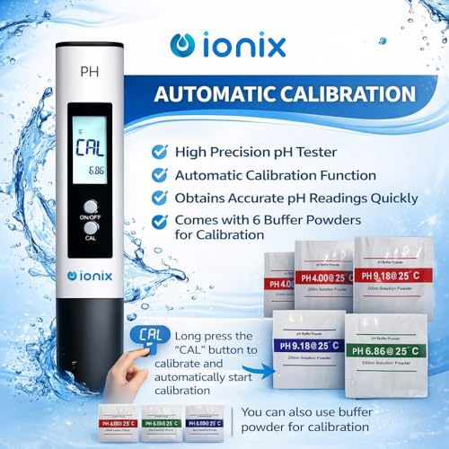 Image of IONIX PH Meter for Water Testing, PH Meter with 6 Buffers Packets of 250 ml each, PH Tester for Water with Auto Calibration Mode, Automatic Temperature Compensation & Big Backlit LCD with Carry Box