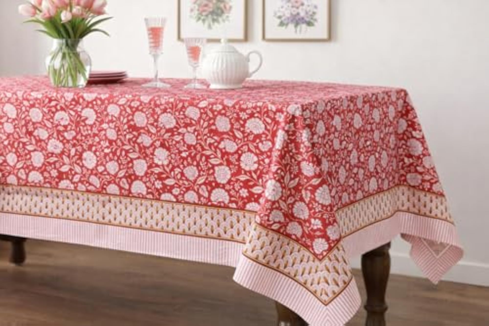 Hand Block Printed Jaipuri Cotton Dining Table Cover for 6 Seater