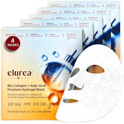 elurea Bio Collagen Mask + Kojic Acid Premium Hydrogel Face Mask (4 masks), Collagen Mask for Self Care, Korean Skincare, Hydrating Face Mask, Korean Mask for Luxury Beauty, Stocking Stuffers