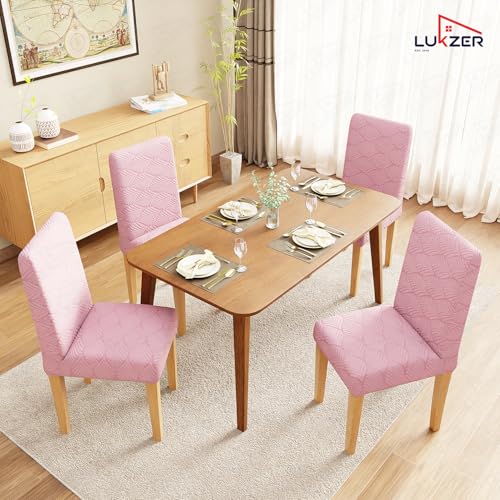 Image of Lukzer Elastic Dining Chair Cover - 2PC Pastel Pink Leaf Trail | Textured High Stretch Jacquard Seat Cover | Removable Washable Short Dining Chair Cover Protector Seat Slipcover | (CC-129-02)