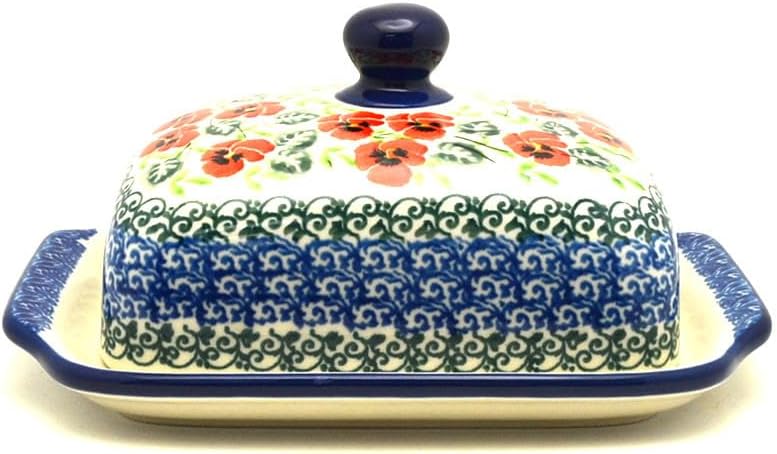 Polish Pottery Butter Dish - Red Pansy