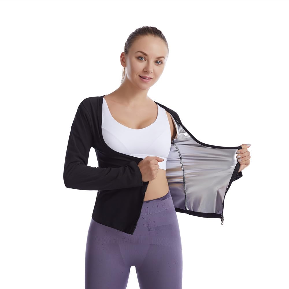 Sweat Body Shaper Jacket Hot Waist Trainer Long Sleeve Zipper Shirt Workout Top
