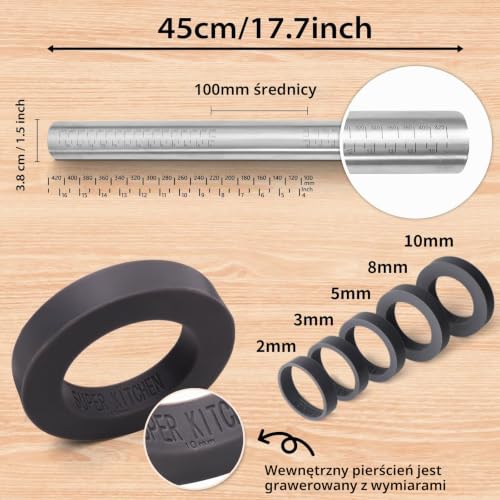 SUPER KITCHEN Regulowany Wałek do Ciasta ze Stali Nierdzewnej 45 cm