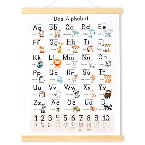 HUKUMA ABC Poster für Kinder Alphabet Poster Kinderzimmer Grundschrift Buchstaben Zahlen lernen Kinderzimmer Alphabet Poster deko für Einschulung Kindergarten Grundschule Vorschule