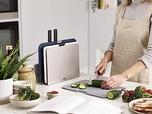 Image of Joseph Joseph Nest 6 Piece Knife and Cutting Board Set, Stainless Steel Kitchen Knives and Color Coded Boards in Compact Storage Stand, Grey