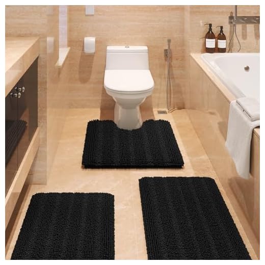IM Home Striped Black Bathroom Rug Set 3 Pieces Ultra Soft, Non Slip Chenille Bath Carpet, Absorbent Plush Shaggy Bath Mats for Bathroom, Toilet, Bedroom, Kitchen