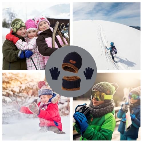 3PCS Children's Winter Hat Scarf Gloves Set 3-9 Years Boys and Girls Knitted Hooded Fleece Hat Warm Scarf (Navy Blue)4