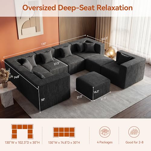 Image of MONVANE Modular Sectional Sofa, Oversized 8 Seat Convertible U Shaped Couch with Ottoman, Comfy Chenille Cloud Couch with Deep Seat, Sectional Couches for Living Room, No Assembly Required, Black