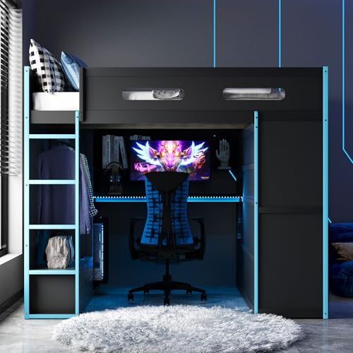 Image of Harper & Bright Designs Full Size Loft Bed with Desk, Wardrobe, Ample Storage Space, Solid Wood Gaming Loft Bunk Bed Frame with RGB Lights, No Box Spring Need, Space-Saving, Cloud Blue