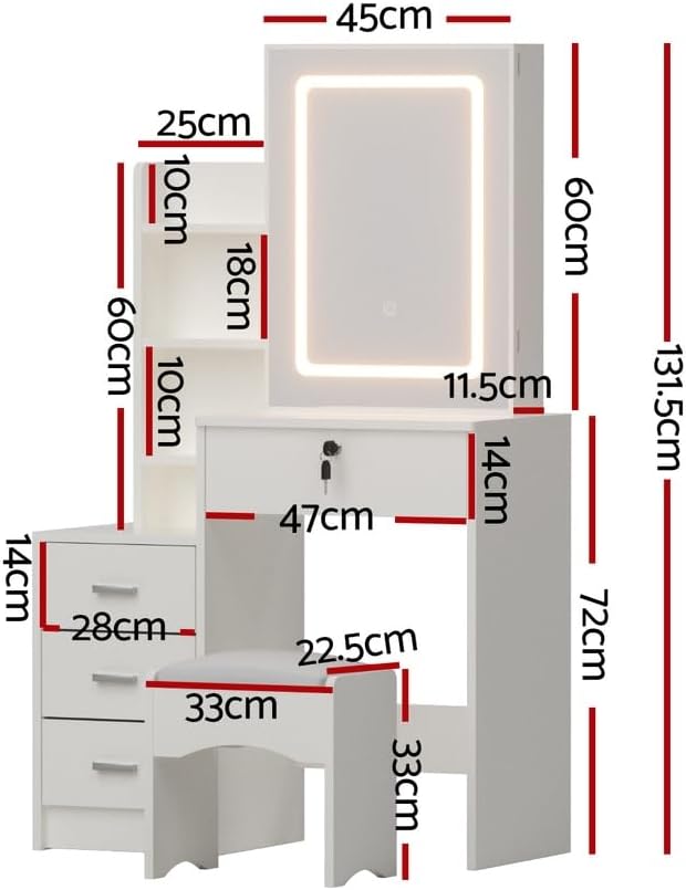 Detailed dimensions of the Artiss LED Dressing Table and stool in centimeters.