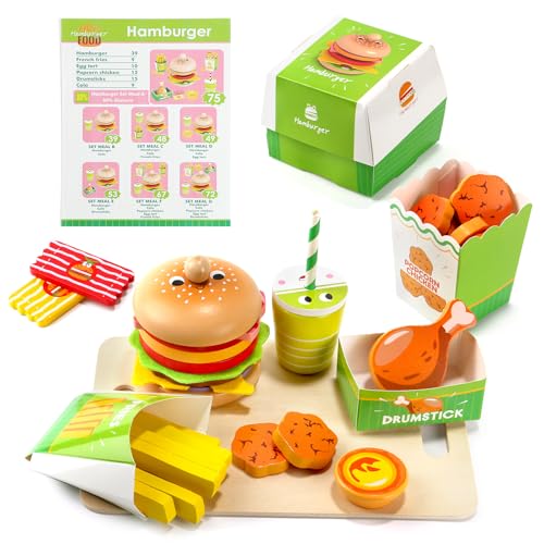 Wooden Hamburger Play Food Set for Kids, Fast Food Playset with Tray, Pretend Play Kitchen Accessories for Toddlers
