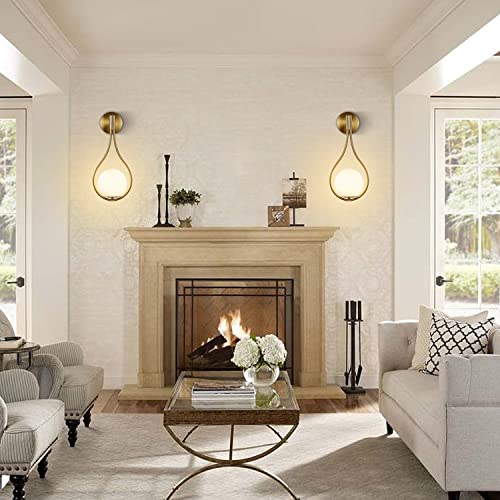 Image of KCO Lighting Modern Brushed Gold Teardrop Wall Sconces Set of 2 Hardwired | E26 Bulb Included, 5.9 inch White Milk Glass Wall Light Fixture Mid Century Wall Lamp for Bedroom Bedside Bathroom Hallway