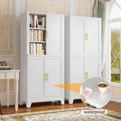 Image of 75 inch Tall Kitchen Pantry Cabinet, White Metal Pantry Storage | Storage Cabinet with Doors and 3 Adjustable Shelves, Steel Storage, Bathroom cabinets Organizer, Cupboard for Home, Office