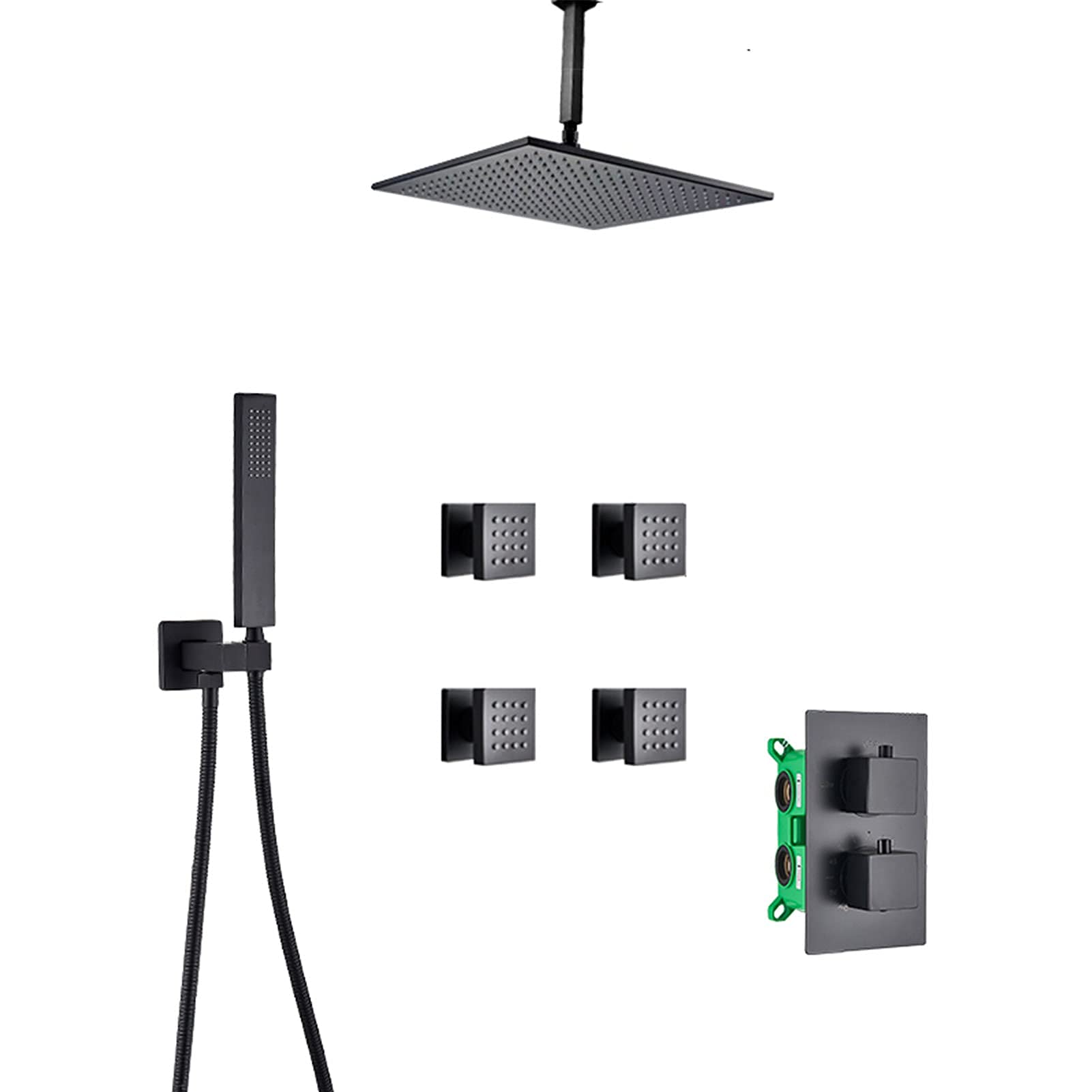 QUSYZD Shower System with Body Jets, Ceiling Mount Rainfall Shower Head with Handheld Shower, Brass Thermostatic Shower Faucet Set Matte Black,8Inch,