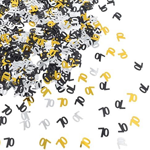 Number 70 Confetti Shiny Table Confetti for 70th Birthday Anniversary Party Decoration, Black Gold Silver, 1.59 Oz