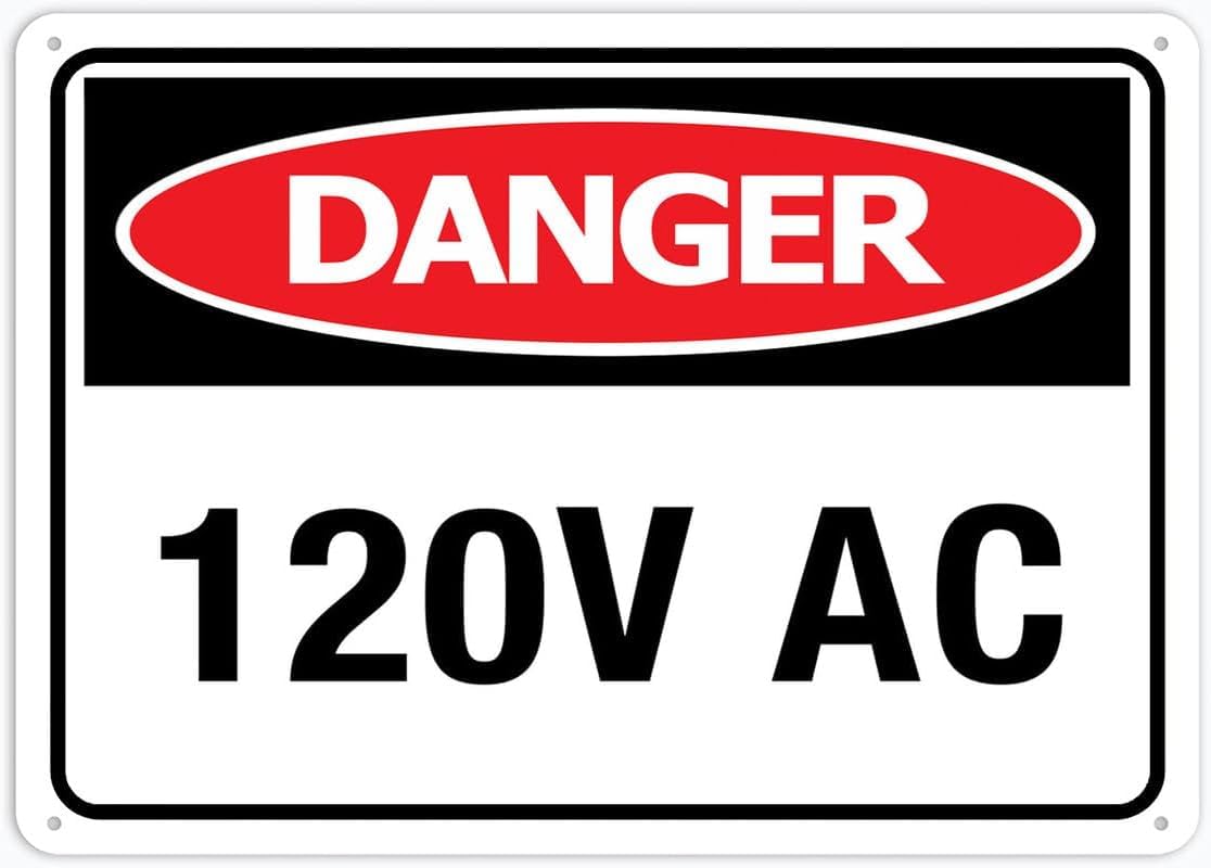 Danger 120V Rust Free Aluminum Tin Sign - Warning Decor with Pre-Drilled Holes for Indoor-Outdoor Home Yard, Electrical Outlet Zone - 8x12 Inch​