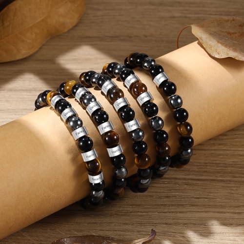 Personalized Tiger Eye Bead Bracelet Men: Custom 1-5 Name Beaded Bracelets for Men - Energy Stone Black Gallstone Obsidian Bracelet - Image 5