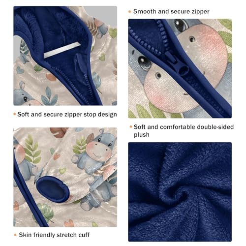Cute Hippo Pattern with Leaves Toddler Fleece Jacket Girl Boys Hooded Fleece Jacket Coat Warm Outwear Zip-up 3-10T3