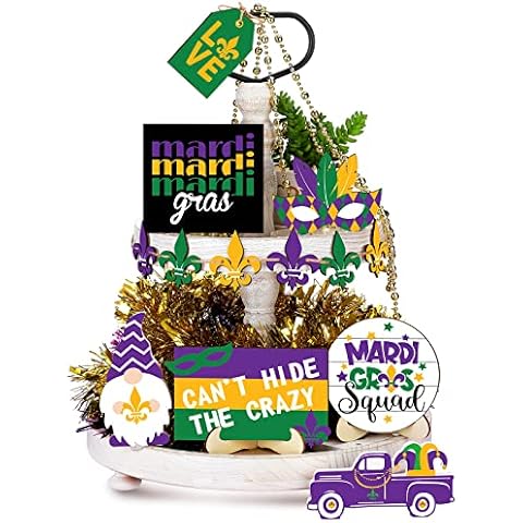 13 Pieces Mardi Gras Decor Mardi Gras Tiered Tray Decor Carnival Tier Tray Decorations Mardi Gras Centerpieces for Tables Wood Gnomes Trays Signs with 2 Wood Bases for Home Mardi Gras Party Decoration Cover