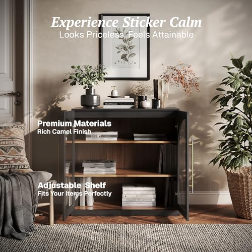Image of BELLEZE Modular Sideboard with Arched Glass Door, Accent Display Buffet Cabinet with Storage and Adjustable Shelves,Classic Modern Credenza for Living Room Kitchen Entryway (Ebony)