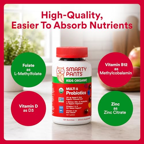 Image of SmartyPants Organic Kids Multivitamin Gummies: Probiotics, Omega 3 (ALA), Vitamin D3, C, Vitamin B12, B6, A, K & Zinc for Immune Support, Biotin, Three Fruit Flavors, 120 Count (30 Day Supply)