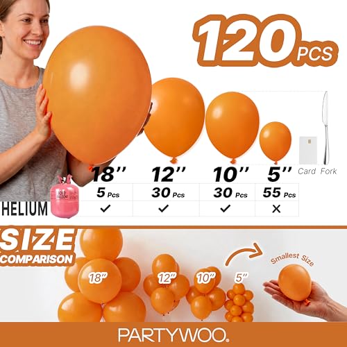 Image of PartyWoo Burnt Orange Balloons 120pcs Terracotta Fall Color Different Sizes | 18 12 10 5 Inch Balloons for Thanksgiving Halloween Fall Birthday Baby Shower Wedding Graduation Party Decorations Orange-F53