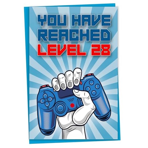 Tarjeta de 28 cumpleaños, You Have Alached Level 28, tarjeta de felicitación para jugadores de veintiocho años, regalo de cumpleaños para hijo o hija adultos, para él, su nieto, nieta, azul
