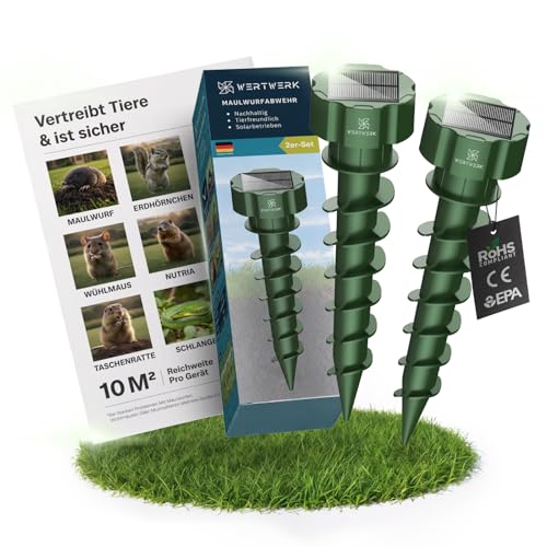 WERTWERK® Maulwurf Vertreiber – 2er Set Maulwurfschreck & Wühlmausschreck | Ultraschall Maulwurfvertreiber gegen Wühlmäuse vertreiben | Giftfreie Maulwurfabwehr ohne Chemie