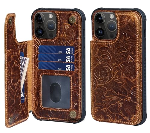 RMAWRAD Wallet case for iPhone 15 pro Max Real Leather 6.7 case,Genuine Leather Shockproof anti-fall Case, Flip Cover with Card Slot, double magnetic buckle,Kickstand Durable Brown