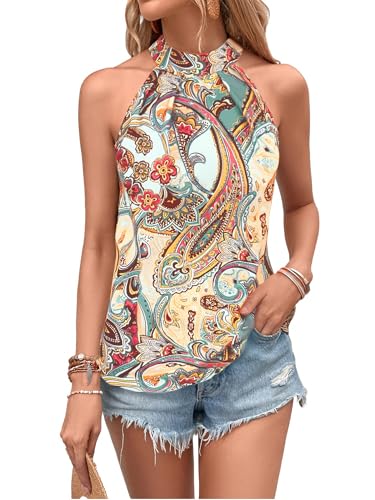 Image of RoseSeek Women's Tropical Paisley Halter Blouse Boho Shirt Vacation Tops