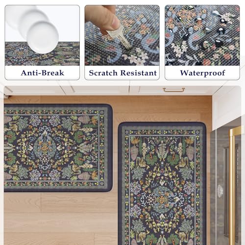 Image of KIMODE Anti Fatigue Kitchen Mats for Floor 17 inchx47 inch+17 inchx29 inch, Dark Blue Vibrant Floral Kitchen Rugs, Non Slip Waterproof Kitchen Floor Mats, Comfort Standing Mats for Laundry Office Sink Desk