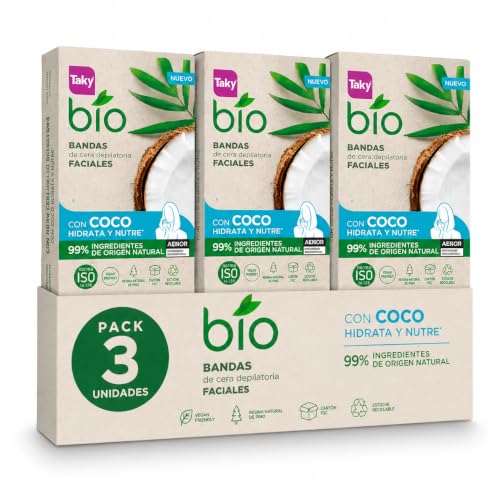 Taky Bio Bandas de Cera Faciales con Coco Pack 3 Unidades | 48 Bandas Depilatorias + 6 Toallitas Post Depilación | 99% Ingredientes de Origen Natural | Depilación Facial Mujer